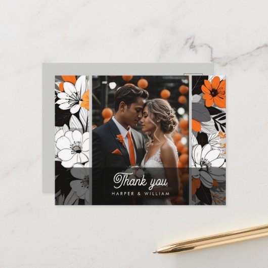 Orange Linie Blume Hochzeit Foto danke Postkarte (Vorderseite/Rückseite Beispiel)