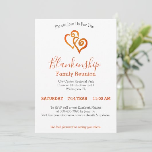 Orange Linked Hearts Family Wiedersehen Template Einladung (Stehend Vorderseite)