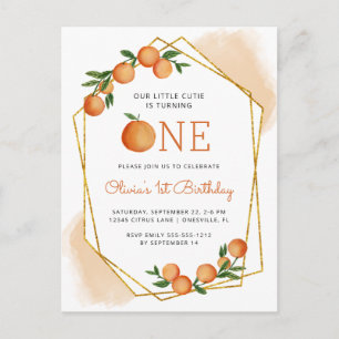 Orange Little Cutie Citrus Einladung zum 1. Geburt Postkarte