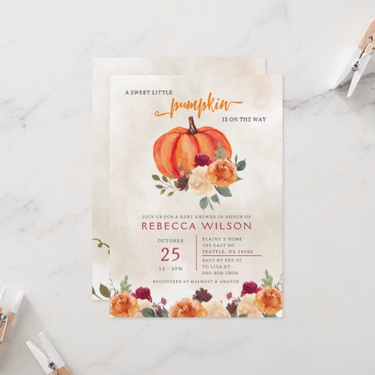 Orange Little Pumpkin Gender Neutral Baby Dusche Einladung (Vorderseite/Rückseite Beispiel)
