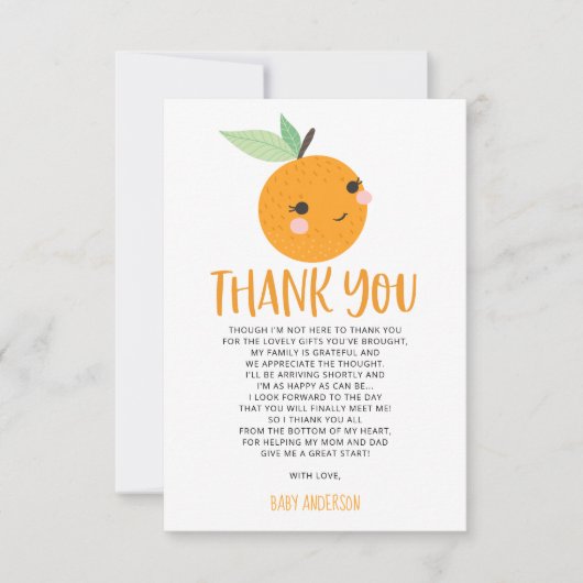 Orange Little Süsse Citrus Baby Dusche Vielen Dank Einladung (Vorderseite)