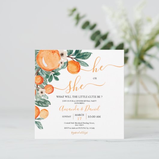 Orange Little Süsse Er oder sie Geschlecht zeigen Einladung (Stehend Vorderseite)