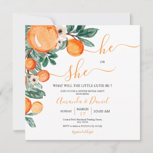 Orange Little Süsse Er oder sie Geschlecht zeigen Einladung (Vorderseite)