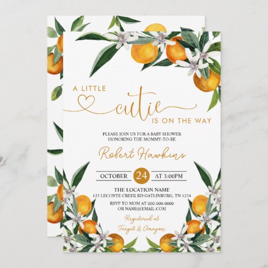 Orange Little Süsse ist auf dem Weg Baby Shower In Einladung (Vorne/Hinten)