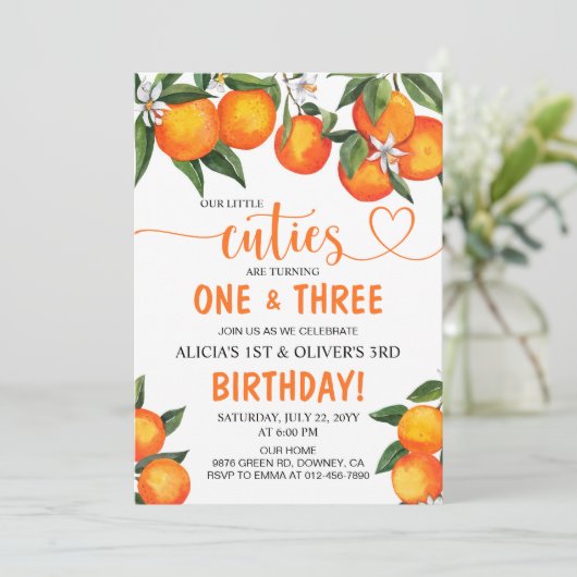 Orange Little Süssen Joint Sibling Birthday Party Einladung (Stehend Vorderseite)