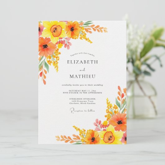 Orange Lively Botanical Spring Wedding Einladung (Stehend Vorderseite)