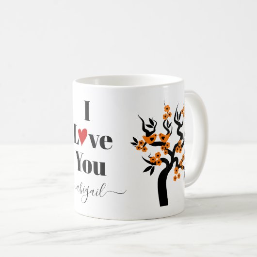 Orange Love vögel Sakura Kirschbaum und Blüte Kaffeetasse (VorderseiteRechts)