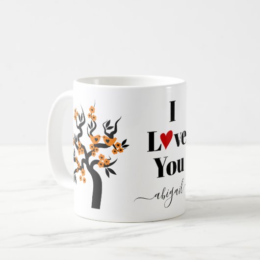 Orange Love vögel Sakura Kirschbaum und Blüte Kaffeetasse (Vorderseite Links)