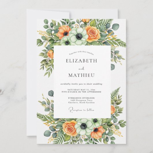 Orange Lush Botanical Wedding Einladung (Vorderseite)