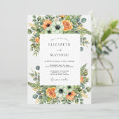Orange Lush Botanical Wedding Einladung (Stehend Vorderseite)