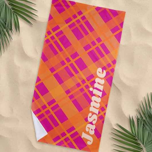 Orange magenta karierte Muster individuelle Name Strandtuch