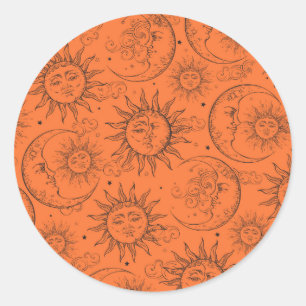 Orange Magic Vintage Himmel Mond Sonne Sterne Runder Aufkleber