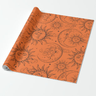 Orange Magie Vintage Himmel Sonne Mond Sterne Geschenkpapier