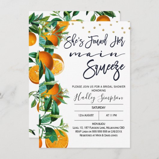 Orange Main Squeeze Bridal Dusche Einladung (Vorne/Hinten)