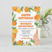 Orange Mandarine Capybara Kinder Spaß am Geburtsta Einladung (Stehend Vorderseite)