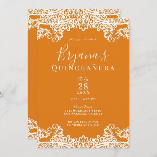 Orange Mango & White Lace Elegante Quinceñera Einladung (Vorne/Hinten)