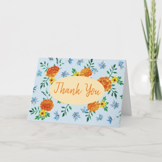 Orange Marigold Blume Light Blue Dankeskarte (Vorderseite)