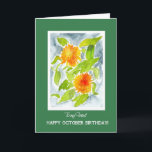 Orange Marigolds für den Geburtstag von Friend im  Karte<br><div class="desc">Eine hübsche Oktober-Geburtstagskarte für einen Freund,  mit den im Oktober stattfindenden Blume,  hellorangen Pot Marigolds,  umgeben von einer tiefen grünen Grenze mit weißen Buchstaben. Das Design stammt aus einem Aquarellbild von Judy Adamson. Die Insider-Nachricht können Sie gerne personalisieren.</div>
