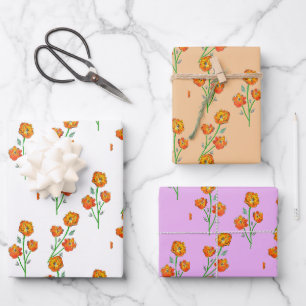 Orange Marigolds Hand-Illustrierte florale botanis Geschenkpapier Set