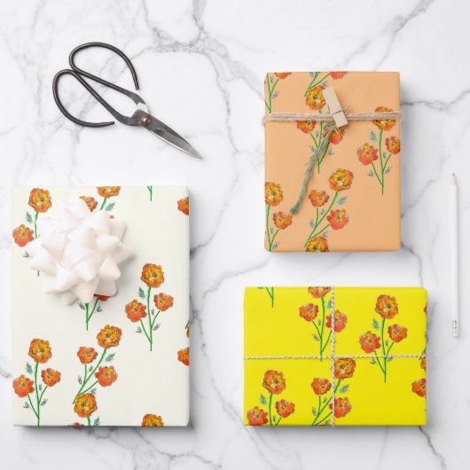 Orange Marigolds Hand-Illustrierte florale botanis Geschenkpapier Set (Vorderseite)