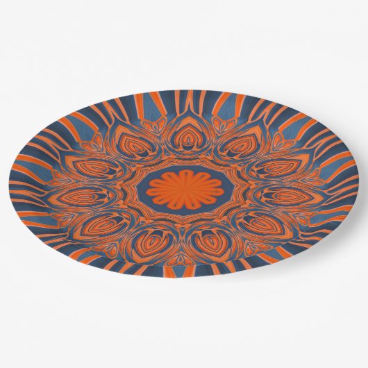 Orange Marine-Blau-Mandala Pappteller (Schrägansicht)