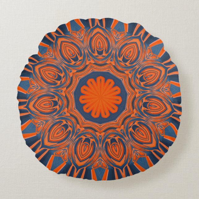 Orange Marine-Blau-Mandala Rundes Kissen (Vorderseite)