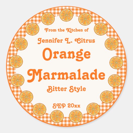 Orange Marmalade auf Gingham Runder Aufkleber (Vorderseite)