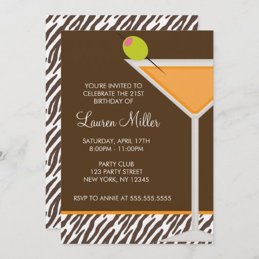 Orange Martini und Zebra Muster Einladung (Vorne/Hinten)