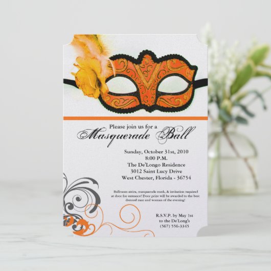 Orange Masquerade Ball Maske Kostüm Halloween Teil Einladung (Stehend Vorderseite)