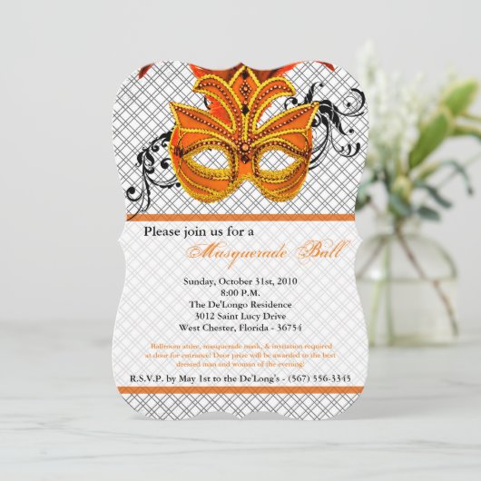 Orange Masquerade Ball Maske Kostüm Halloween Teil Einladung (Stehend Vorderseite)