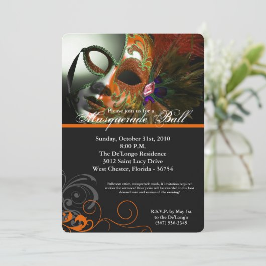 Orange Masquerade Ball Maske Kostüm Halloween Teil Einladung (Stehend Vorderseite)