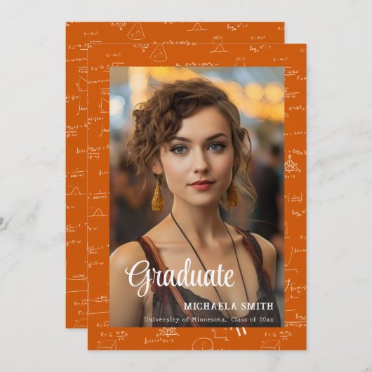 Orange Math College Script Photo Graduation Ankündigung (Vorne/Hinten)