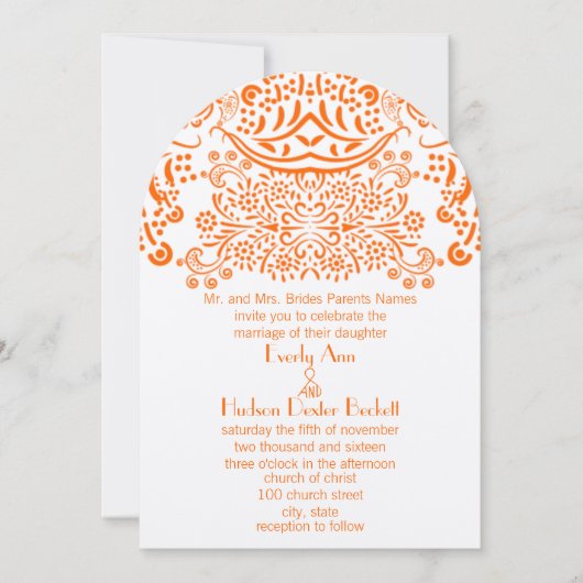 Orange Mehndi Lace Pattern Wedding Einladung (Vorderseite)