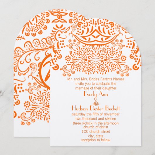 Orange Mehndi Lace Pattern Wedding Einladung (Vorne/Hinten)