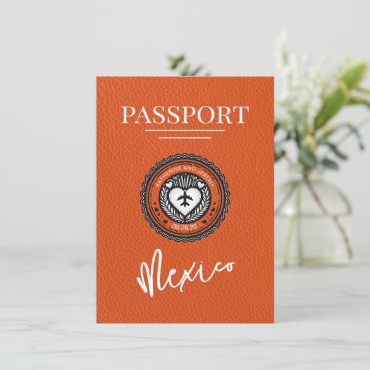 Orange Mexico Passport Save the Date (Stehend Vorderseite)