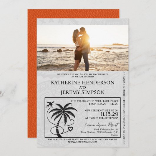 Orange Mexico Passport Wedding Einladung (Vorne/Hinten)