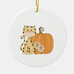 Orange Miezekatze mit Kürbis Keramikornament