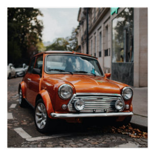 Orange Mini Cooper Klassiker Auto Glänzendes Poste Poster