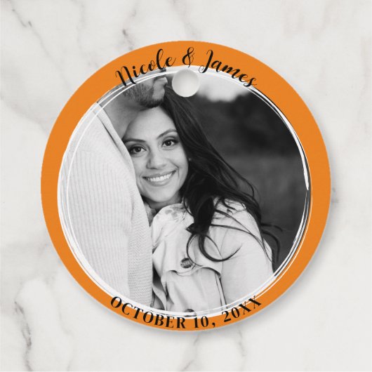 Orange Minimal Trendy Round Foto Gastgeschenk Hoch Geschenkanhänger (Rückseite)