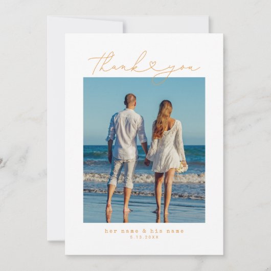 Orange | Minimalistische einfache Script-Herz-Hoch Dankeskarte (Vorderseite)