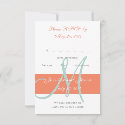 Orange Mint Green Monogram Wedding RSVP Card (Rückseite)