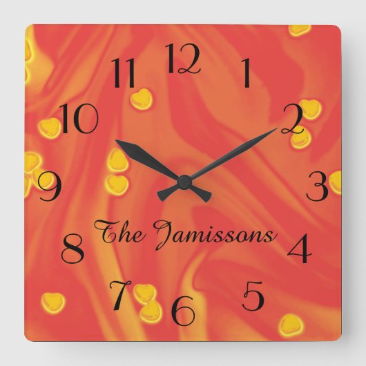 Orange mit kleinen gelben Herzen, Name, Quadratische Wanduhr (Vorderseite)
