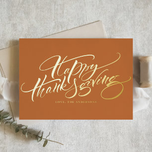 Orange Modern Calligraphy Happy Thanksgiving Folien Feiertagspostkarte
