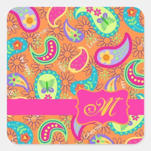 Orange Modern Paisley Whimsy Pattern Quadratischer Aufkleber (Vorderseite)