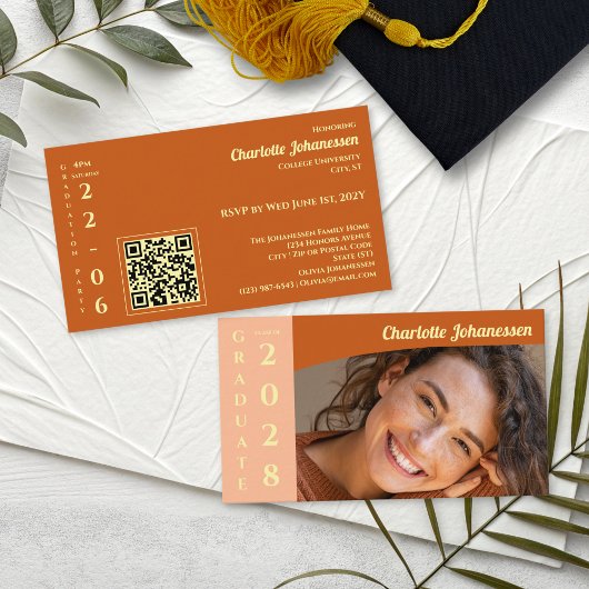Orange Modern Photo QR Code Graduation Party Begleitkarte