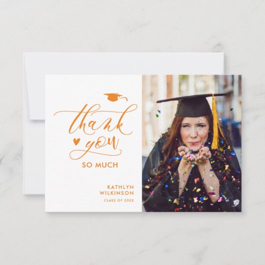 Orange Modern Script Foto Minimalistisch Abschluss Dankeskarte (Vorderseite)