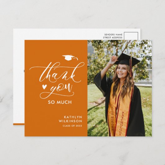 Orange Modern Script Simple Abschluss Vielen Dank Postkarte (Vorne/Hinten)