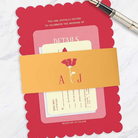 Orange Moderne Blume Hochzeitseinladung Einladungsbanderole