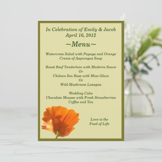 Orange Mohnblumen-Menü-Karten Menükarte (Stehend Vorderseite)