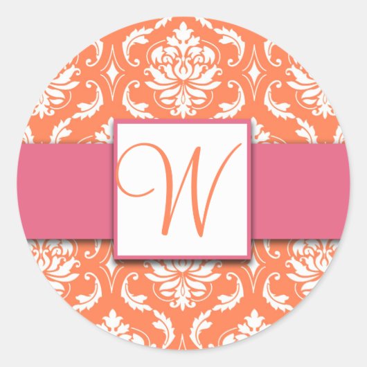 Orange Monogram Damask Pink Wedding Stickers (Vorderseite)